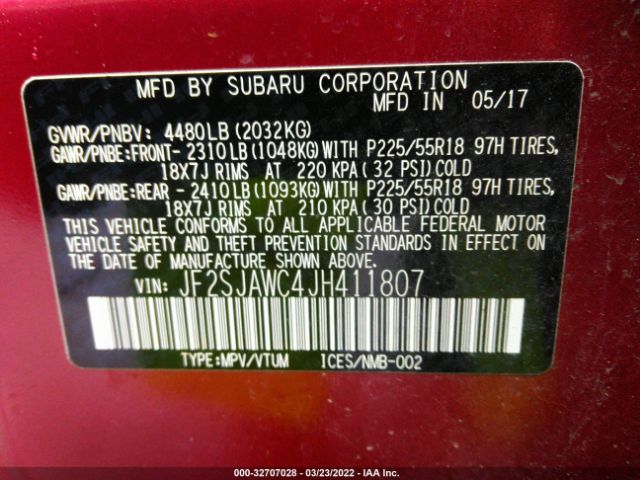 Photo 8 VIN: JF2SJAWC4JH411807 - SUBARU FORESTER 