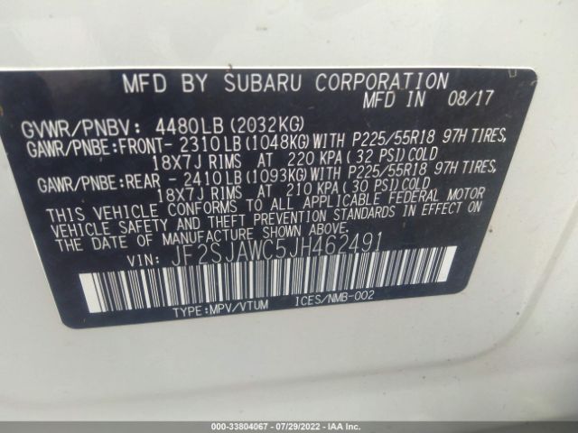 Photo 8 VIN: JF2SJAWC5JH462491 - SUBARU FORESTER 