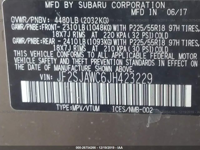 Photo 8 VIN: JF2SJAWC6JH423229 - SUBARU FORESTER 