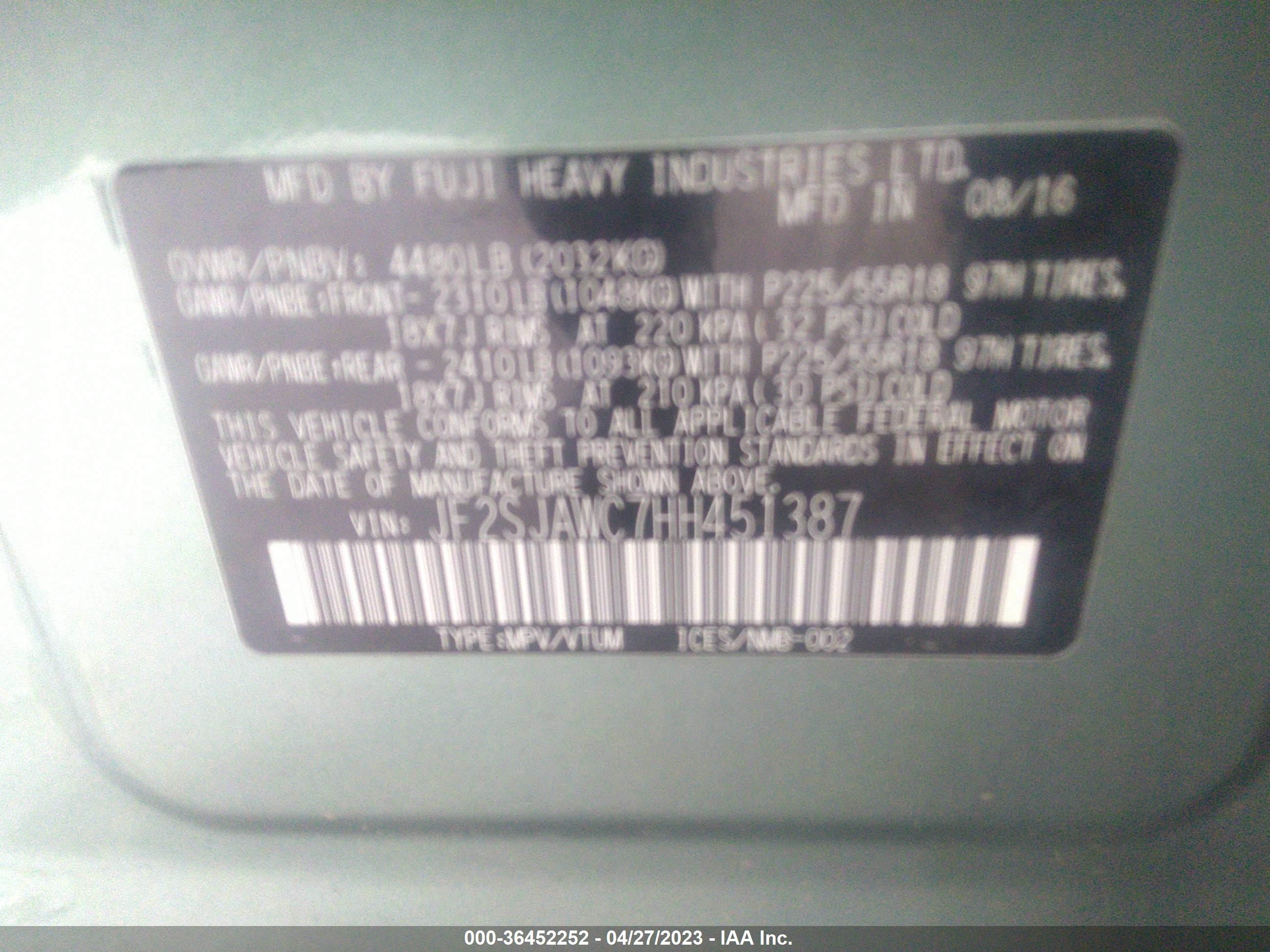 Photo 8 VIN: JF2SJAWC7HH451387 - SUBARU FORESTER 