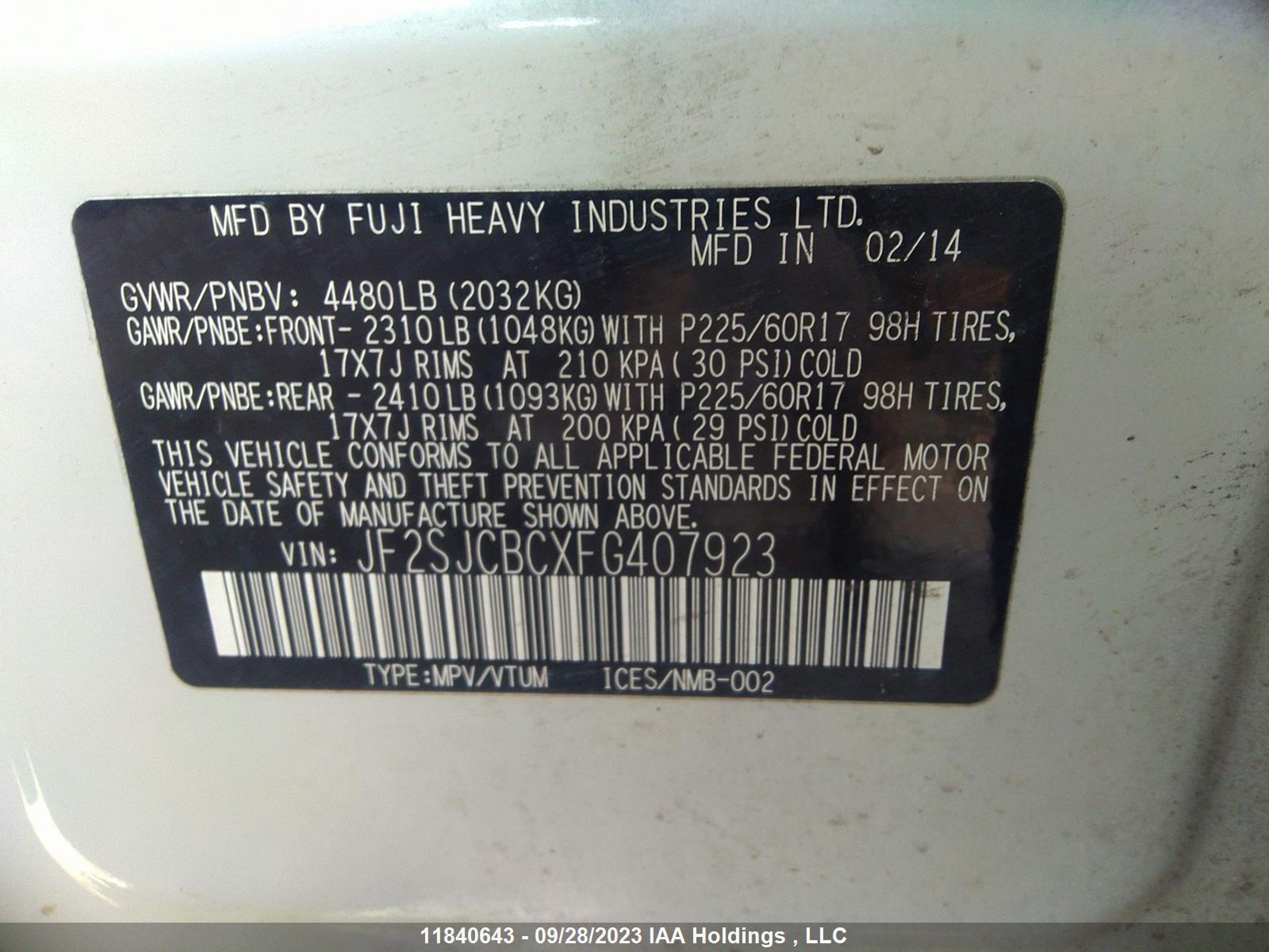 Photo 8 VIN: JF2SJCBCXFG407923 - SUBARU FORESTER 