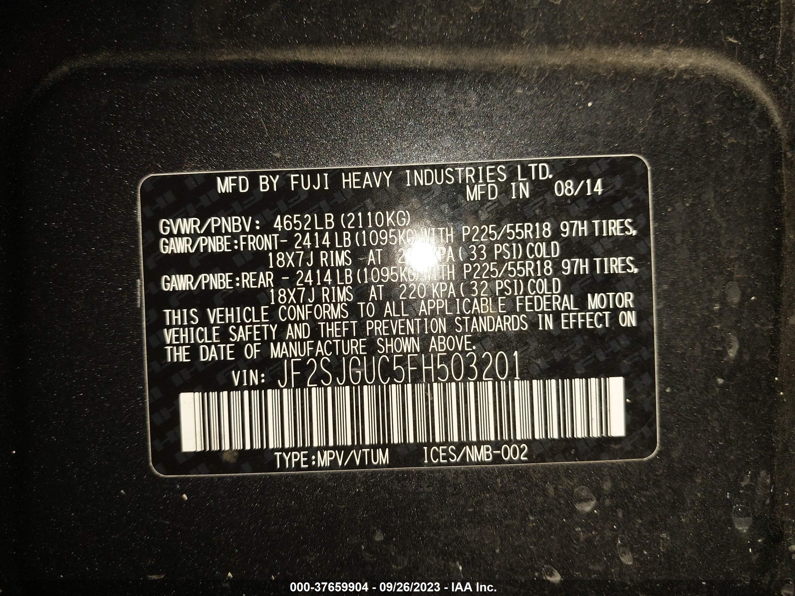 Photo 8 VIN: JF2SJGUC5FH503201 - SUBARU FORESTER 