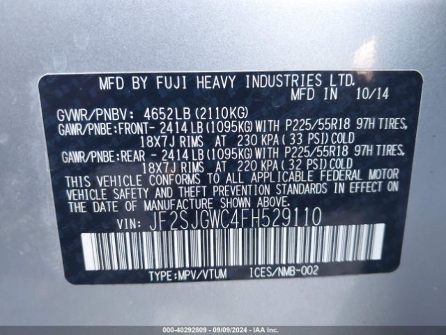 Photo 8 VIN: JF2SJGWC4FH529110 - SUBARU FORESTER 