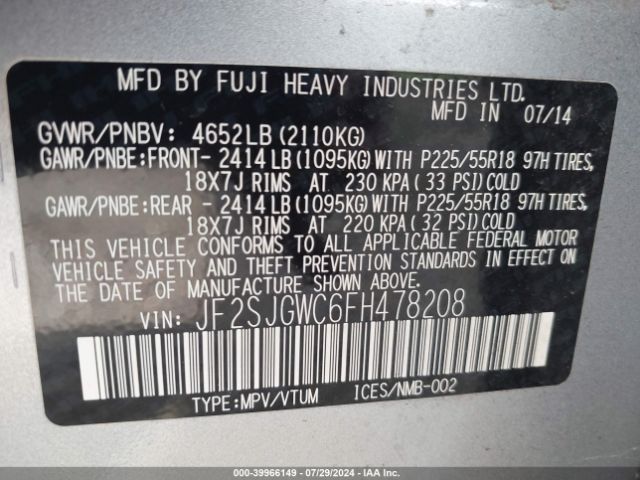 Photo 8 VIN: JF2SJGWC6FH478208 - SUBARU FORESTER 