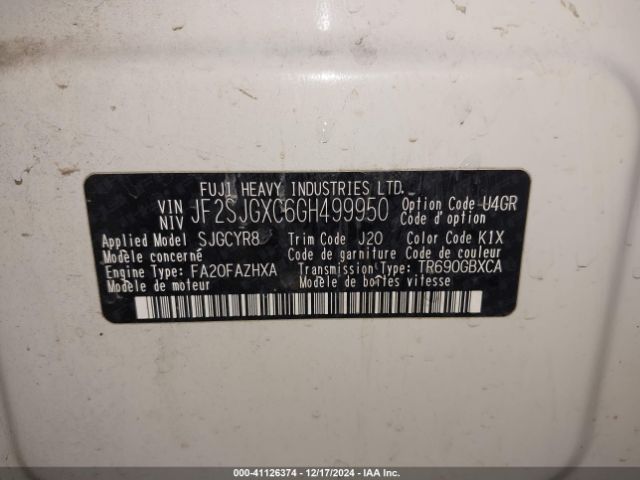 Photo 8 VIN: JF2SJGXC6GH499950 - SUBARU FORESTER 