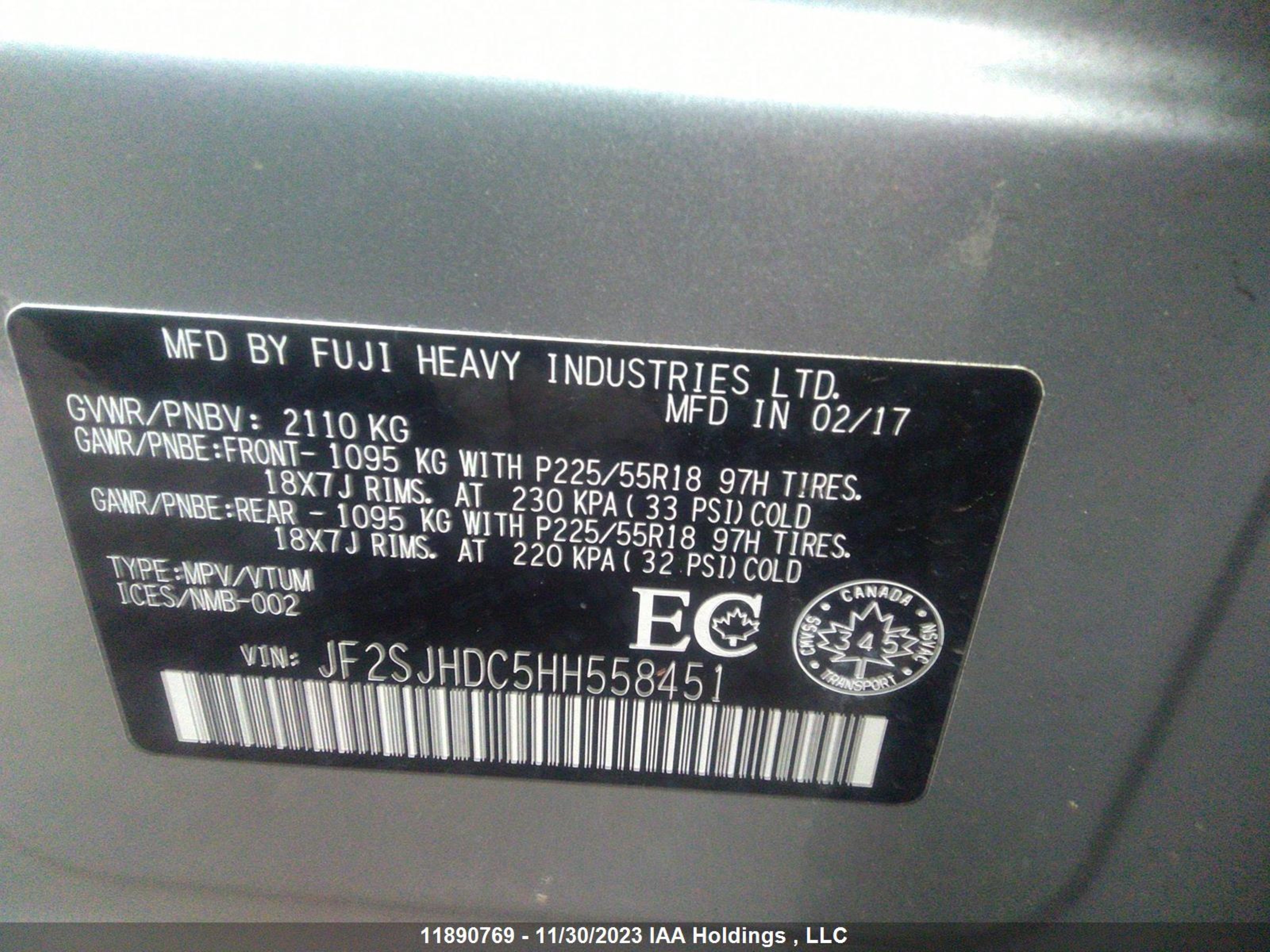 Photo 8 VIN: JF2SJHDC5HH558451 - SUBARU FORESTER 