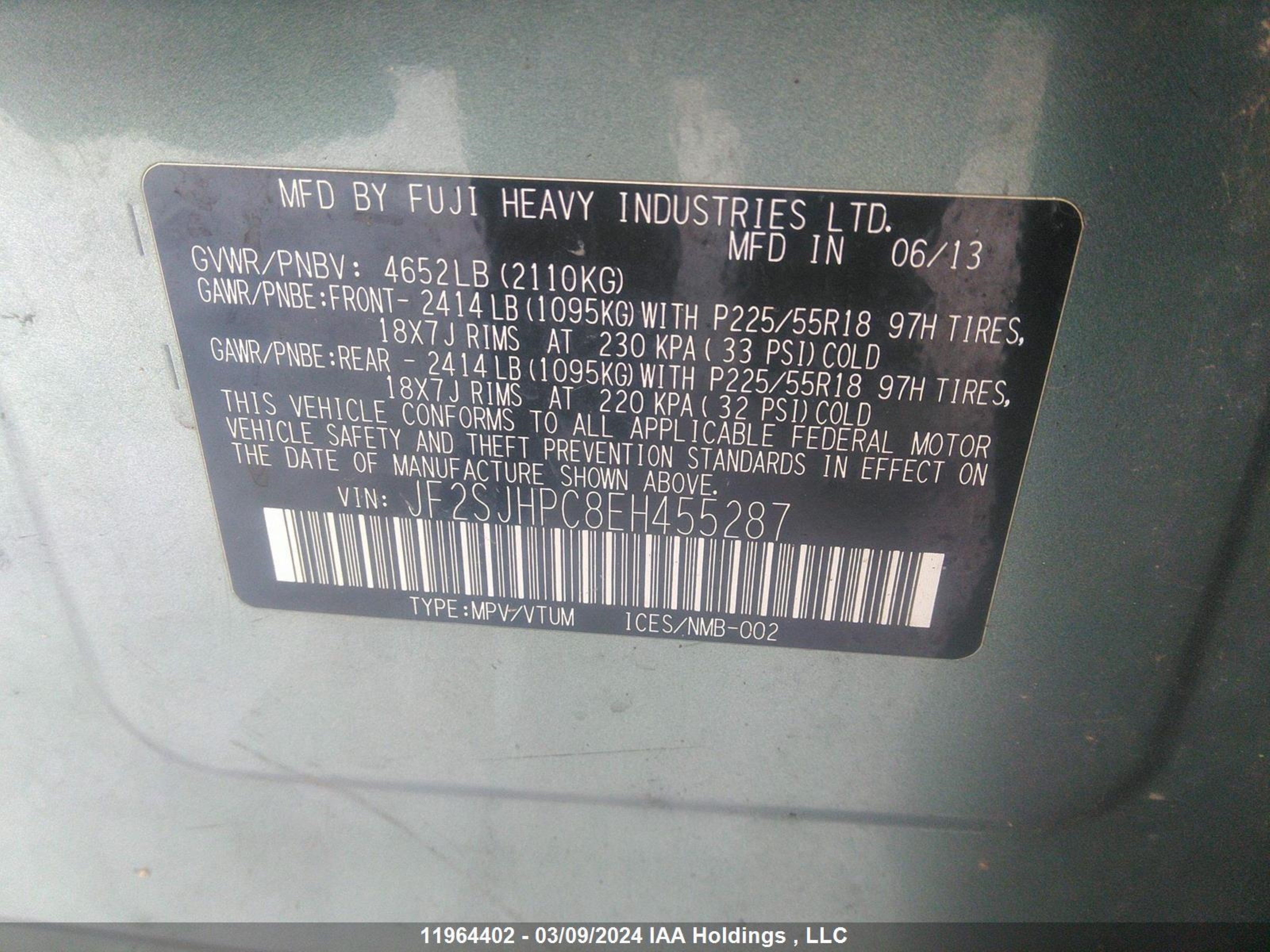 Photo 8 VIN: JF2SJHPC8EH455287 - SUBARU FORESTER 