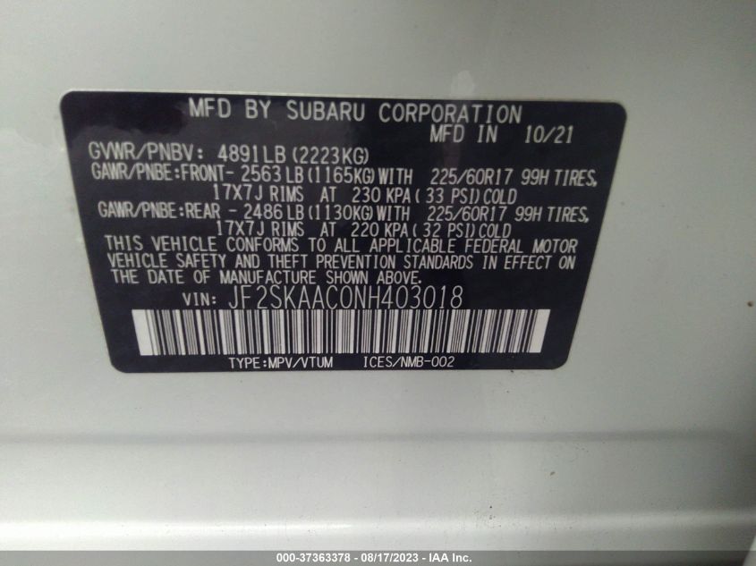 Photo 8 VIN: JF2SKAAC0NH403018 - SUBARU FORESTER 