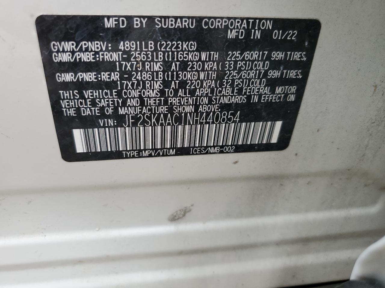 Photo 12 VIN: JF2SKAAC1NH440854 - SUBARU FORESTER 