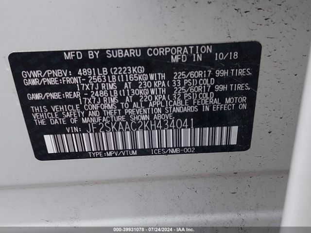 Photo 8 VIN: JF2SKAAC2KH434041 - SUBARU FORESTER 