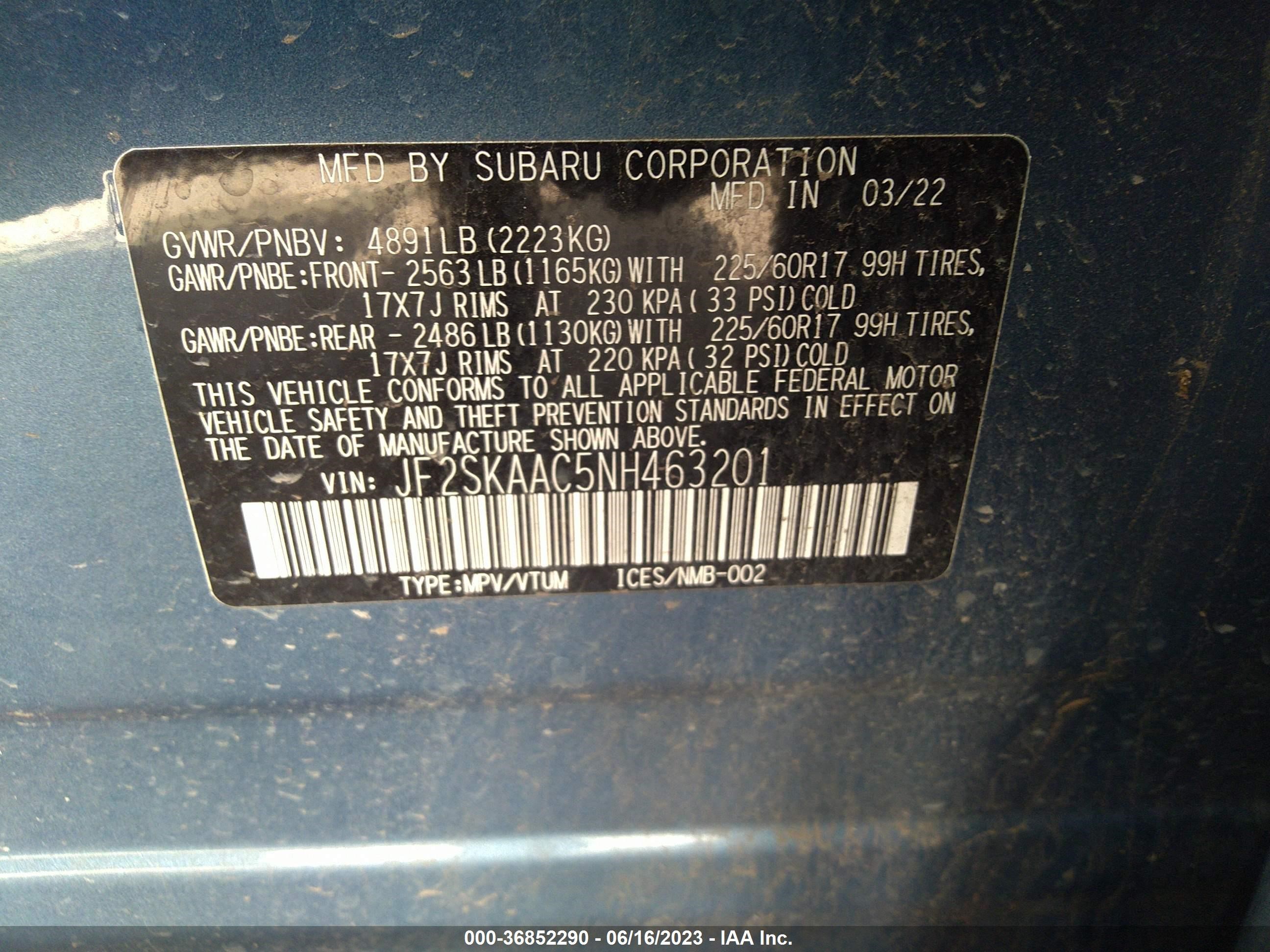 Photo 8 VIN: JF2SKAAC5NH463201 - SUBARU FORESTER 