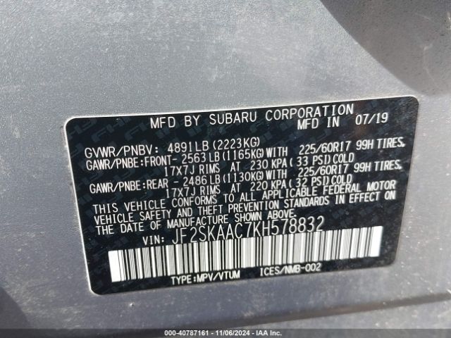 Photo 8 VIN: JF2SKAAC7KH578832 - SUBARU FORESTER 