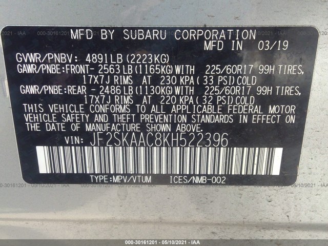 Photo 8 VIN: JF2SKAAC8KH522396 - SUBARU FORESTER 