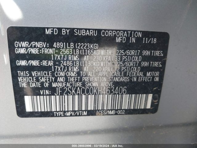 Photo 8 VIN: JF2SKACC0KH463406 - SUBARU FORESTER 