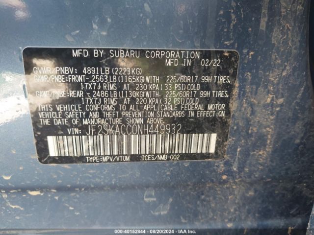 Photo 8 VIN: JF2SKACC0NH449932 - SUBARU FORESTER 