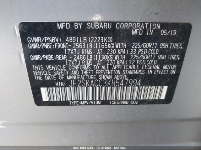 Photo 8 VIN: JF2SKACC3KH547994 - SUBARU FORESTER 