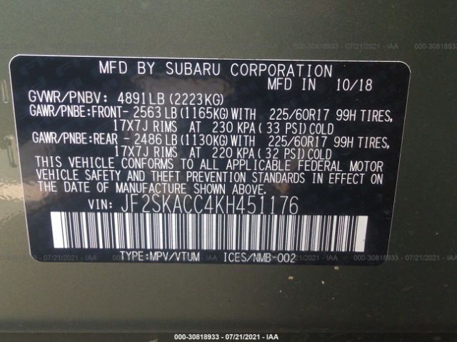 Photo 8 VIN: JF2SKACC4KH451176 - SUBARU FORESTER 