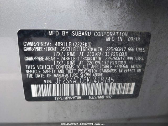 Photo 8 VIN: JF2SKACC6KH418745 - SUBARU FORESTER 