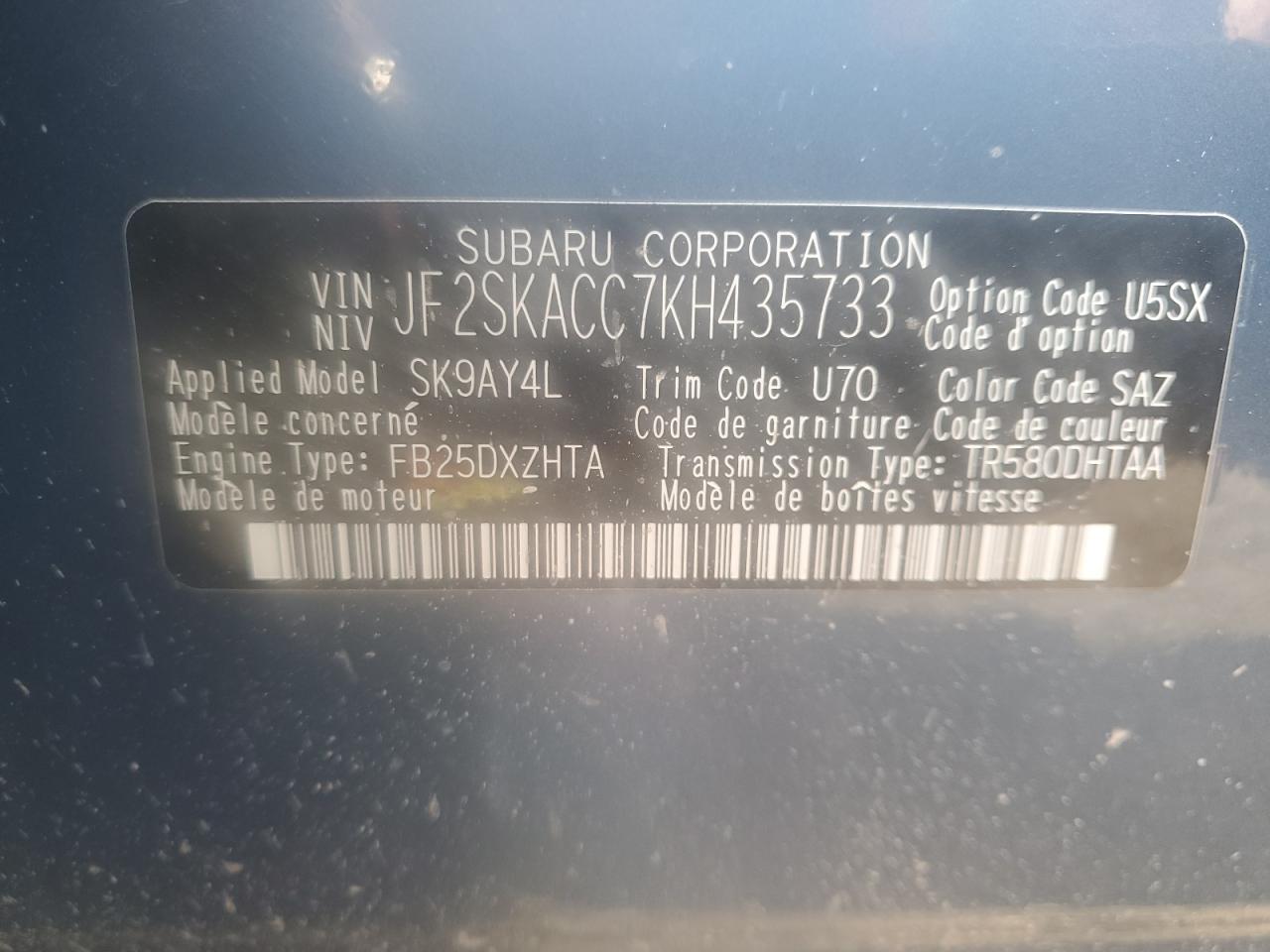 Photo 12 VIN: JF2SKACC7KH435733 - SUBARU FORESTER 