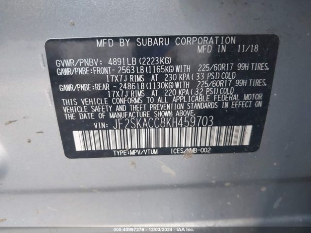 Photo 8 VIN: JF2SKACC8KH459703 - SUBARU FORESTER 