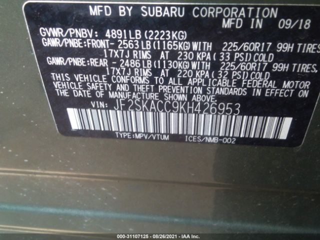 Photo 8 VIN: JF2SKACC9KH426953 - SUBARU FORESTER 