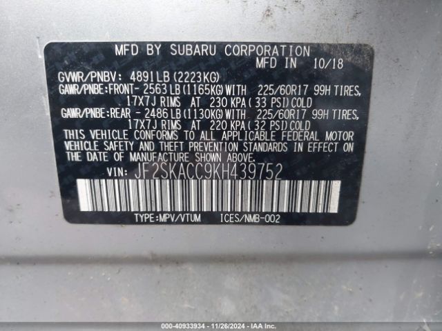 Photo 8 VIN: JF2SKACC9KH439752 - SUBARU FORESTER 