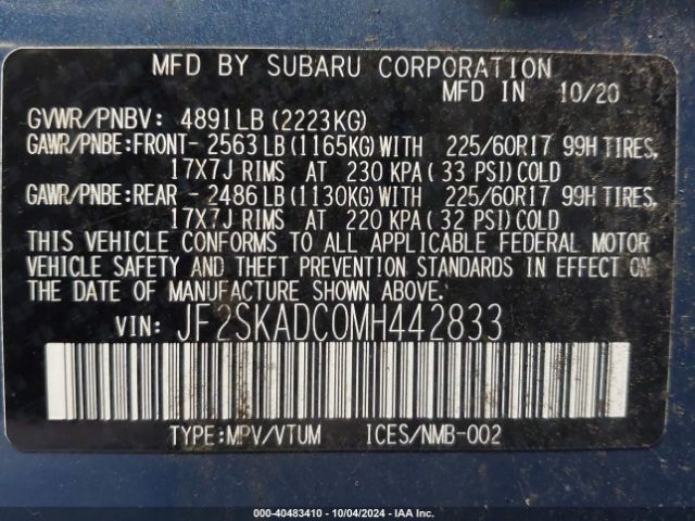 Photo 8 VIN: JF2SKADC0MH442833 - SUBARU FORESTER 