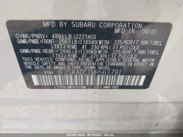 Photo 8 VIN: JF2SKADC1MH563791 - SUBARU FORESTER 