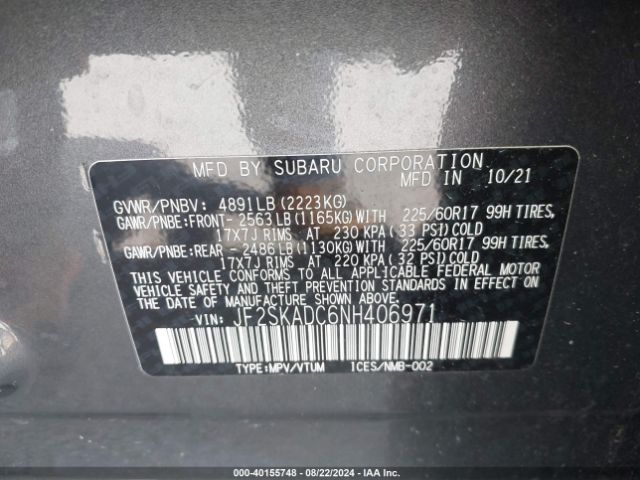 Photo 8 VIN: JF2SKADC6NH406971 - SUBARU FORESTER 