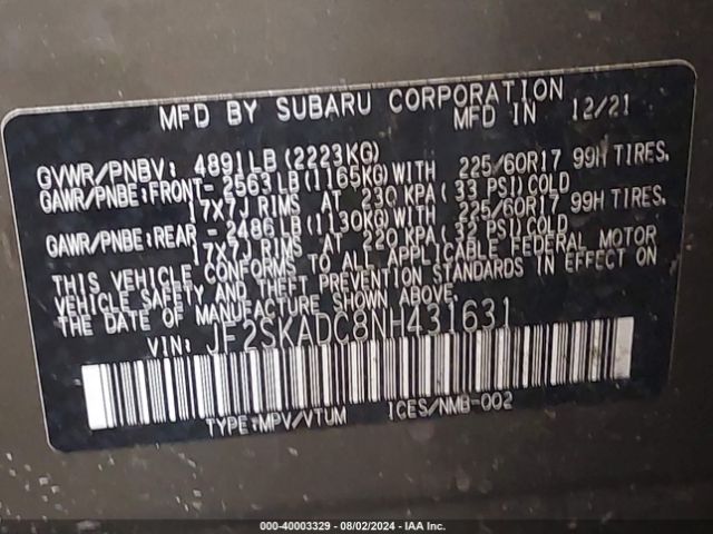 Photo 8 VIN: JF2SKADC8NH431631 - SUBARU FORESTER 