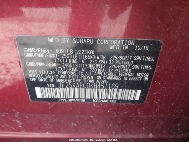 Photo 8 VIN: JF2SKAEC0KH451169 - SUBARU FORESTER 