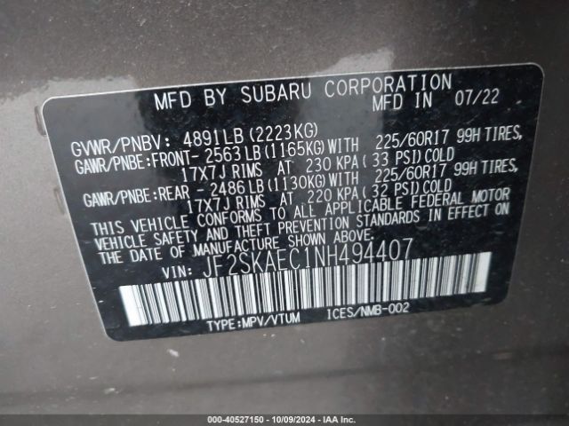 Photo 8 VIN: JF2SKAEC1NH494407 - SUBARU FORESTER 