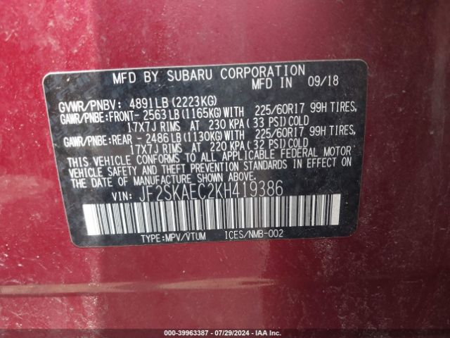 Photo 8 VIN: JF2SKAEC2KH419386 - SUBARU FORESTER 