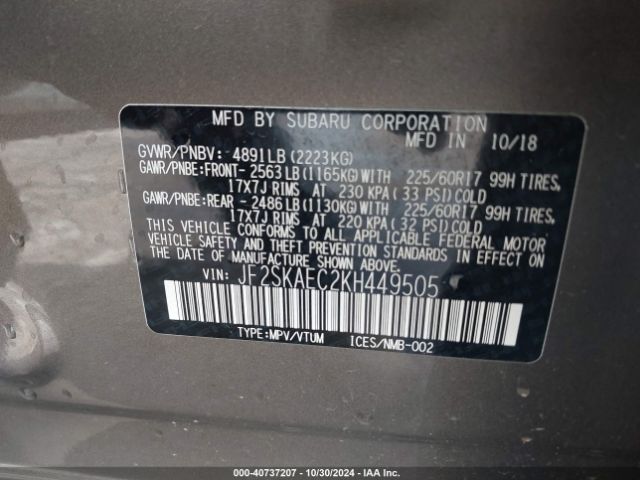 Photo 8 VIN: JF2SKAEC2KH449505 - SUBARU FORESTER 