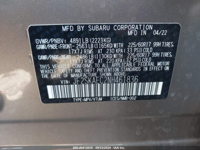 Photo 8 VIN: JF2SKAEC2NH461836 - SUBARU FORESTER 