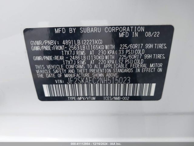 Photo 8 VIN: JF2SKAEC2NH515023 - SUBARU FORESTER 