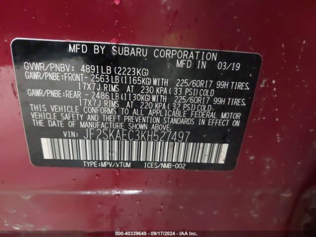 Photo 8 VIN: JF2SKAEC3KH527497 - SUBARU FORESTER 