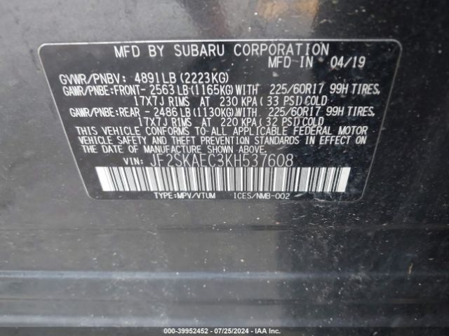 Photo 8 VIN: JF2SKAEC3KH537608 - SUBARU FORESTER 