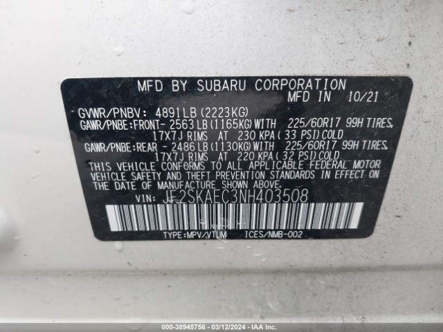 Photo 8 VIN: JF2SKAEC3NH403508 - SUBARU FORESTER 