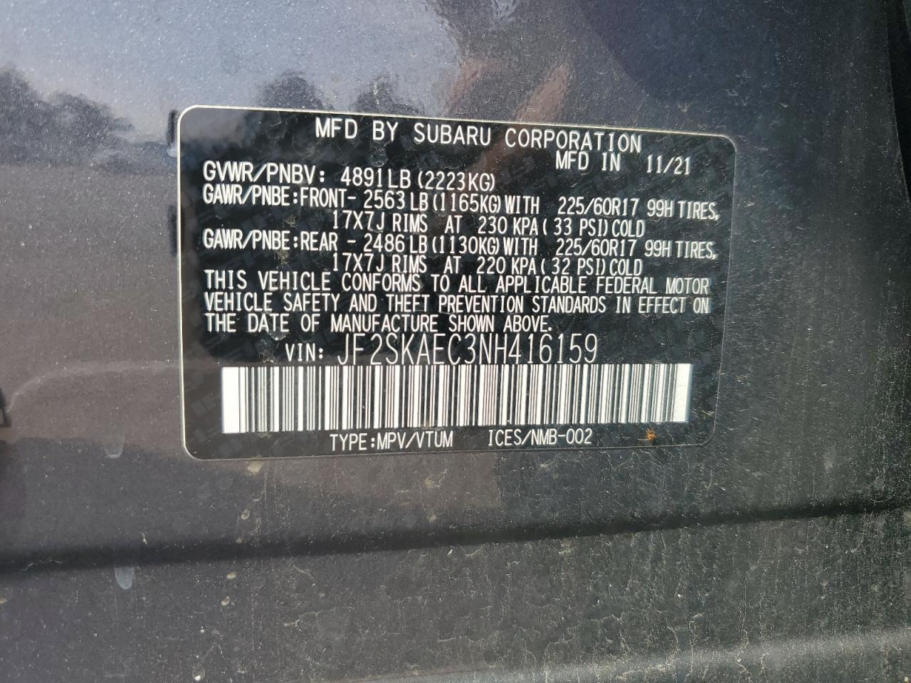 Photo 12 VIN: JF2SKAEC3NH416159 - SUBARU FORESTER 