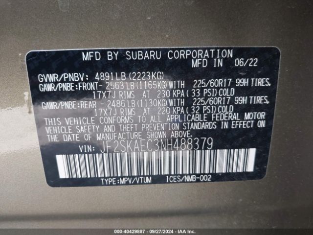 Photo 8 VIN: JF2SKAEC3NH488379 - SUBARU FORESTER 