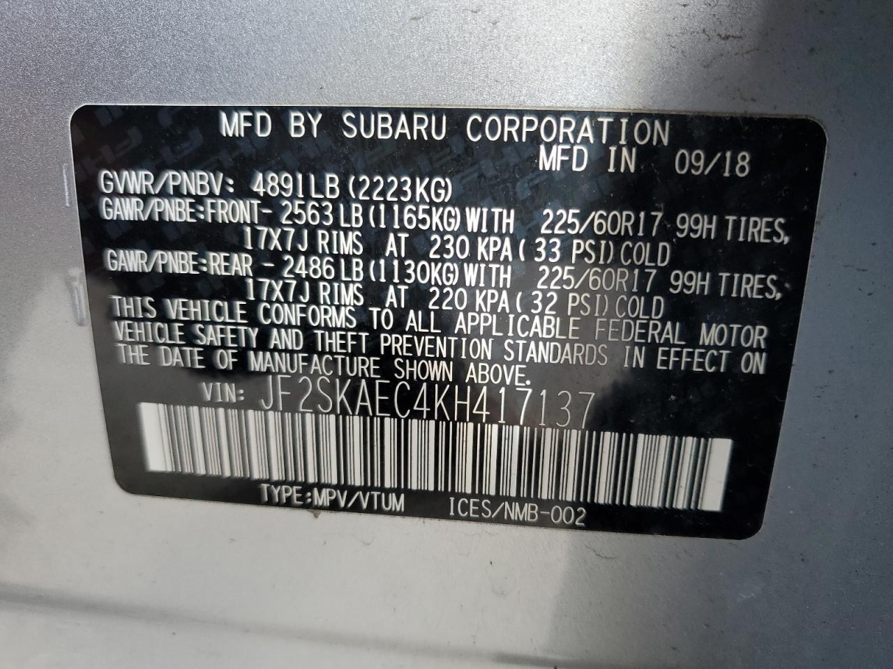 Photo 13 VIN: JF2SKAEC4KH417137 - SUBARU FORESTER 