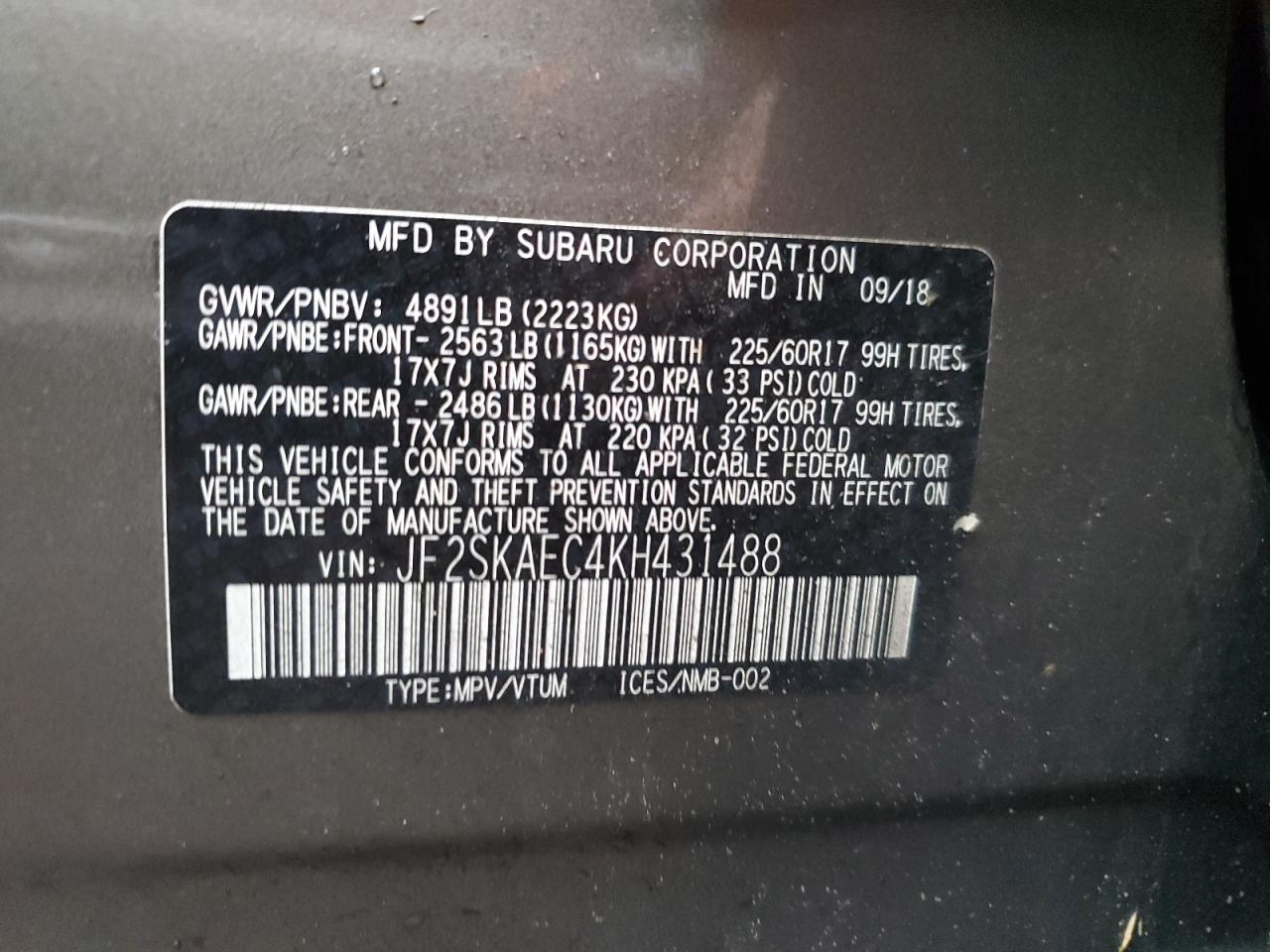 Photo 11 VIN: JF2SKAEC4KH431488 - SUBARU FORESTER 