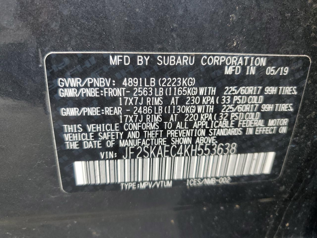 Photo 12 VIN: JF2SKAEC4KH553638 - SUBARU FORESTER 