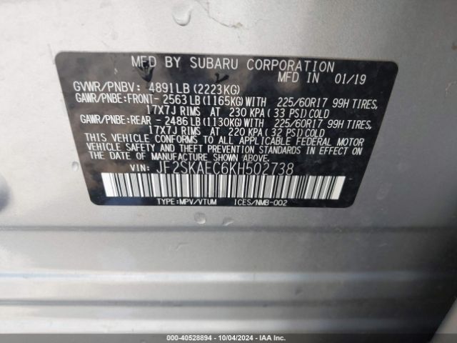 Photo 8 VIN: JF2SKAEC6KH502738 - SUBARU FORESTER 