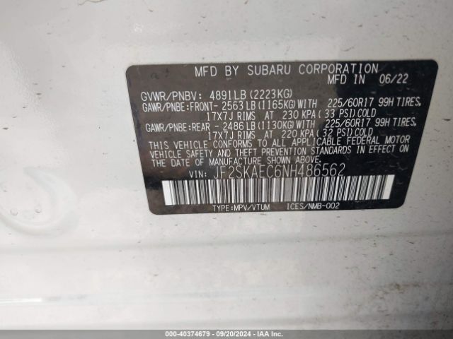 Photo 8 VIN: JF2SKAEC6NH486562 - SUBARU FORESTER 