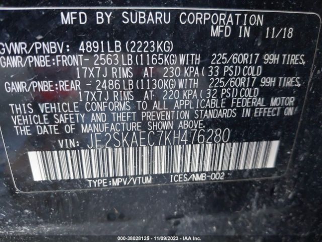 Photo 8 VIN: JF2SKAEC7KH476280 - SUBARU FORESTER 