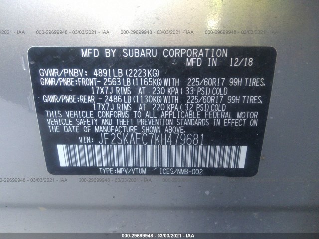 Photo 8 VIN: JF2SKAEC7KH479681 - SUBARU FORESTER 