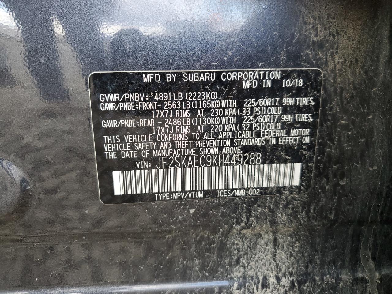 Photo 11 VIN: JF2SKAEC9KH449288 - SUBARU FORESTER 