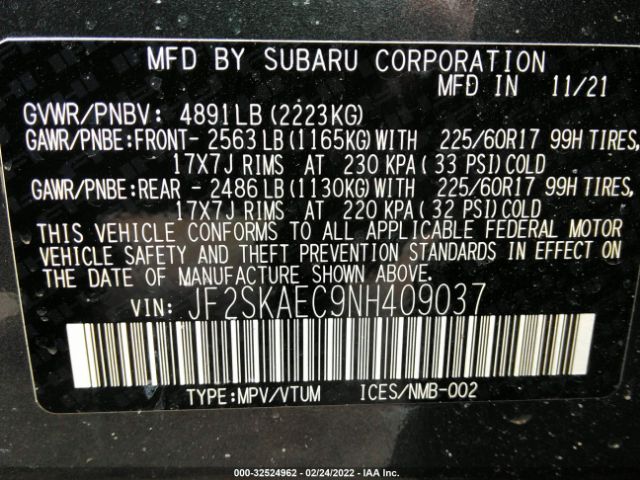 Photo 8 VIN: JF2SKAEC9NH409037 - SUBARU FORESTER 